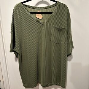 NEW Boutique Olive Green Ribbed V-Neck Short Sleeve Top